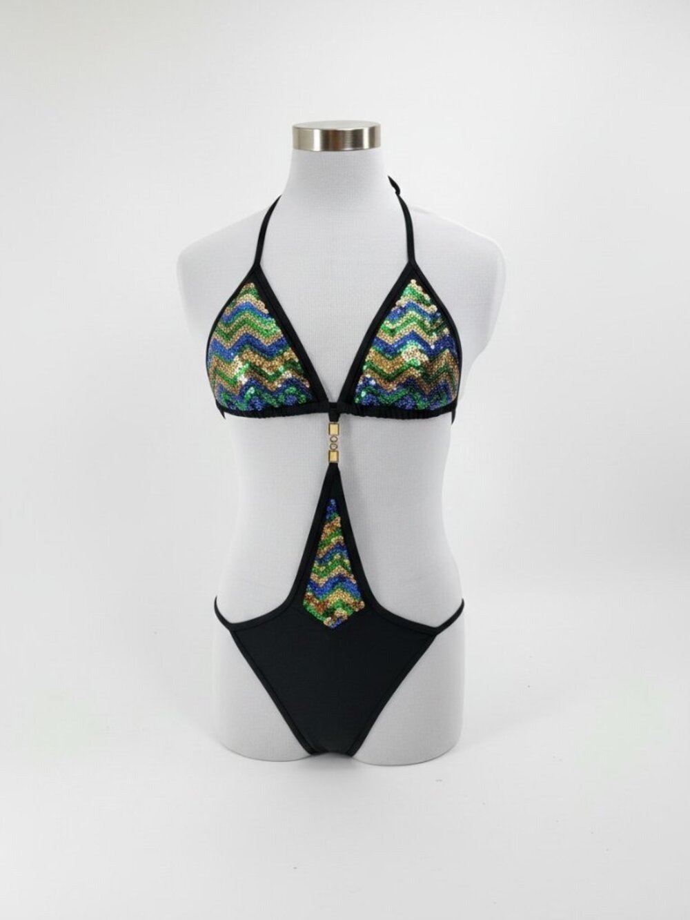 COOGI Sequin Monokini Swimsuit Size S Black Gold Green Blue Y2K Cutout Swim
